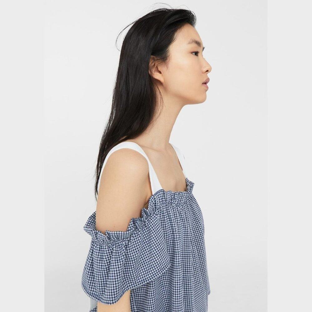 Mango Blue White Gingham Flowy Ribbon Cami Top Tank Blouse Womens M